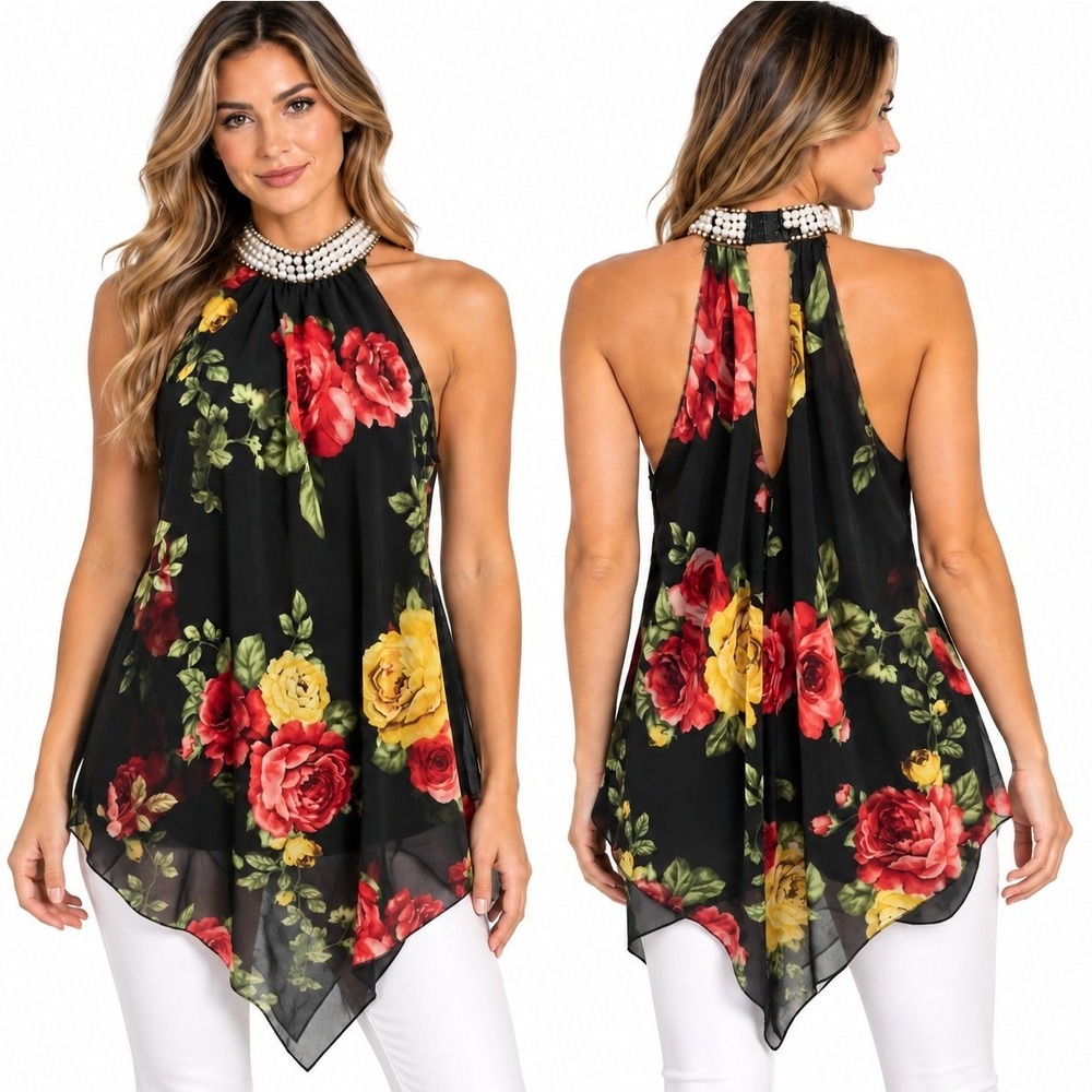 Kimcine Floral Halter Top Women Small Black Pearl Neck Asymmetrical Handkerchief